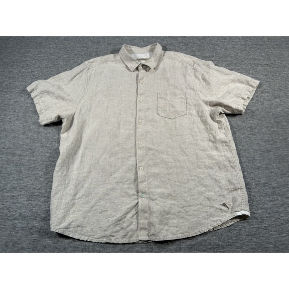 Tommy Bahama Linen Shirt Mens XXL Beige Short Sleeve Chest Pocket Marlin Logo - Picture 1 of 12